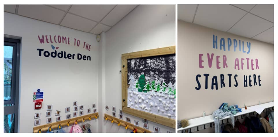 A collage of the interior decor for the nursery, including a sign that reads, "Welcome to the Toddler Den" and another that reads, "Happily Ever After Starts Here."